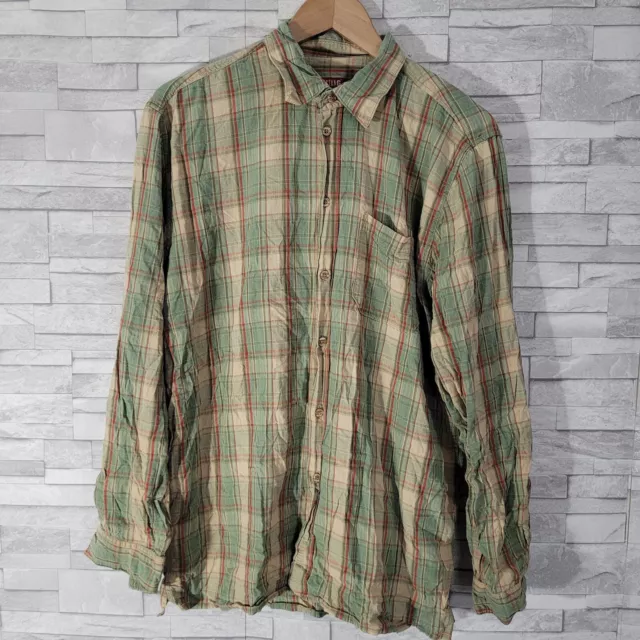 Mens MUSTANG Shirt Green Orange Plaid Large Long Sleeved Cotton Casual