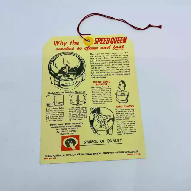 1950s Speed Queen Wringer Washing Machine Showroom Tag Series A91 D3