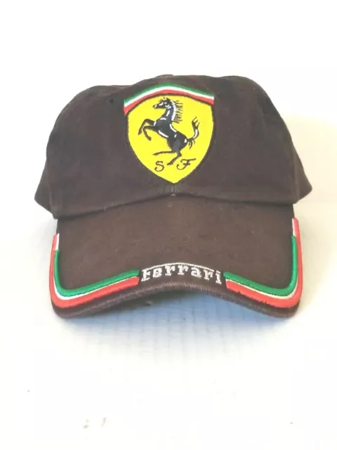 Vtg  Embroidered S.F. FERRARI Cap Hat Logo Hinge Slide Strap. Rusty Black Stain