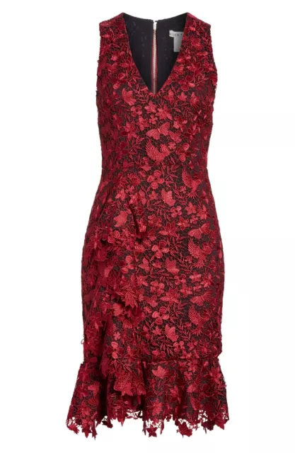 ALICE + OLIVIA Red Black Katia Ruffled Lace Floral Motif Sheath Dress Size 12