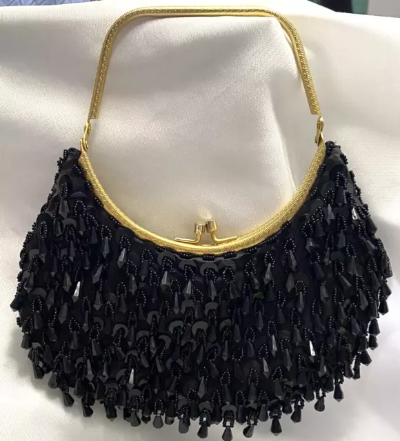 Vintage Black Beaded Evening Bag Top Handle Kiss Closure Handmade In Hong Kong