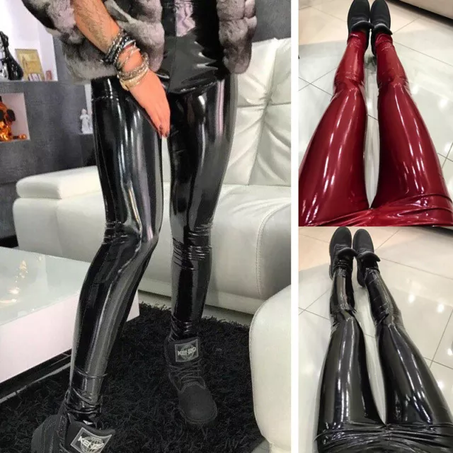 WOMEN SHINY VINYL Faux Patent Leather Stretch Leggings Wet Look PVC PU Trousers 19.19 PicClick UK