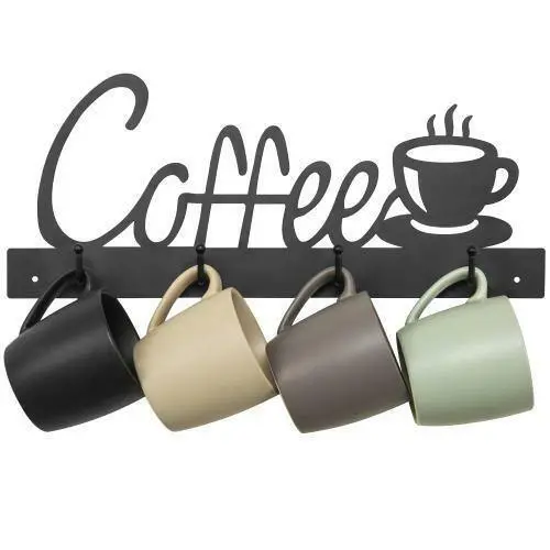 Black Metal Coffee Mug Rack Wall Mounted Holder w/ 4 Hooks and Coffee Word Sign