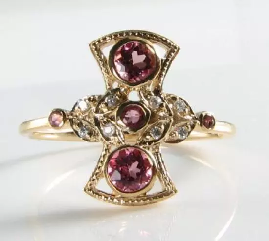 Divine 9Ct 9K Gold Pink Tourmaline Diamond Fan Long Finger Art Deco Ins Ring