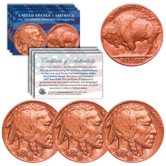 Lot of 3 Various Full Date BUFFALO NICKELS US Coins - Genuine ROSE GOLD plated