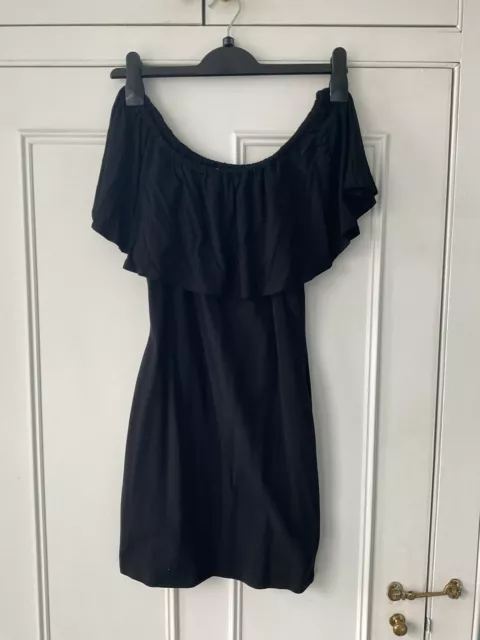 Miss Selfridge black fitted off the shoulder frill dress, size UK 12