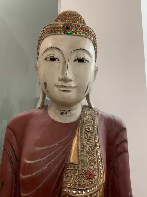 Lebensgroßer Buddha 174 cm , aufgeständert , Burma Thailand Geschnitzt Holz Top