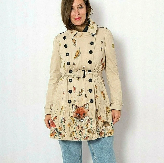 Wild Animal Hand Painted Beige Trench Coat Fall Leaf Fox Owl Hedgehog Mushroom Wild Animal Hand Painted Beige Trench Coat Fall Leaf Fox Owl Hedgehog Mushroom