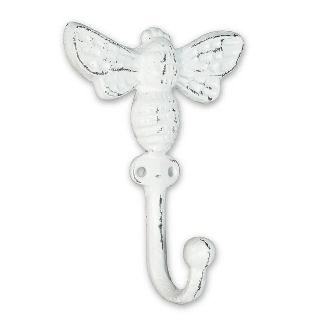 Honey Bee Single Wall Hook White Cast Iron Distressed Finish