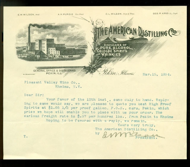 1890's 1900 AMERICAN DISTILLING CO. PEKIN ILLINOIS LETTERHEAD LOT
