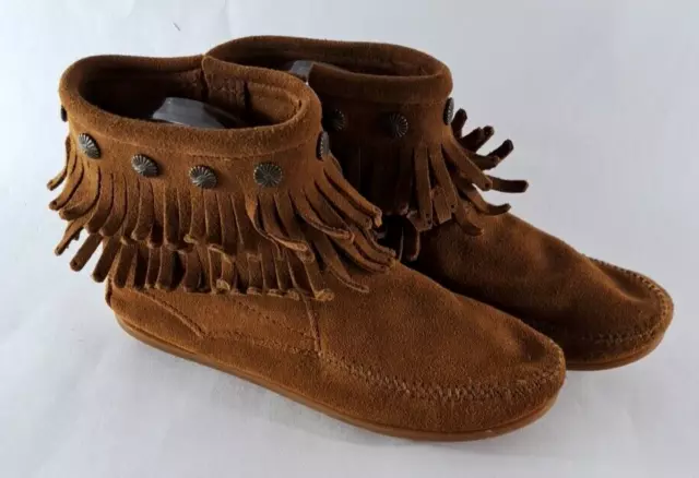 WOMENS MINNETONKA MOCCASINS Ankle Booties Brown Suede Leather Fringe ...
