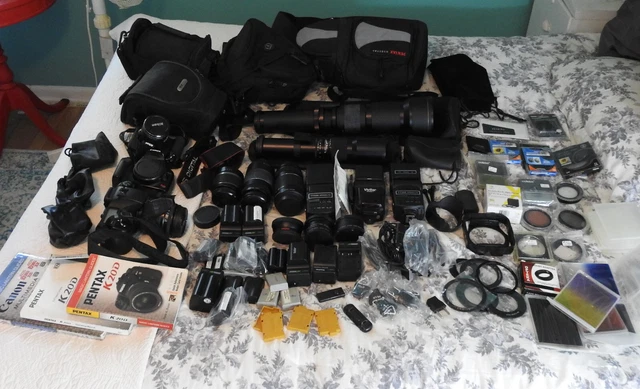 Cameras Pentax Canon Nikon Lenses Filters Cases Flashes Manuals Large Estate Lot