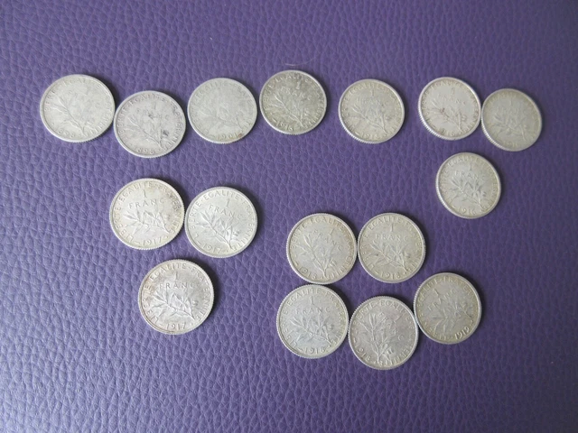 France Lot de 16 pièces de 1 Franc Semeuse en Argent 1898 a 1918