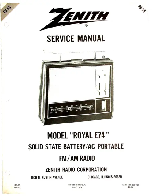 Original Zenith Service Manual For Royal E74 Radio