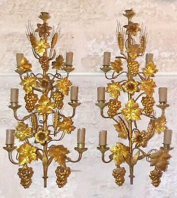 Large Antique FRENCH Pair Gilded Brass Wall Light Sconces with grapes vine 19TH
