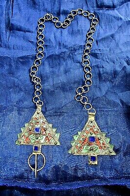 Pair Of Genuine Old Berber Tribal Silver And Enamel Fibula Fibule With Chain 3