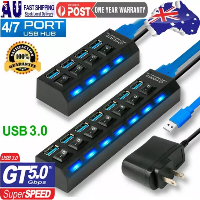 7 Ports USB Hub 3.0 Powered High Speed Splitter Extender Cable On/Off Switch