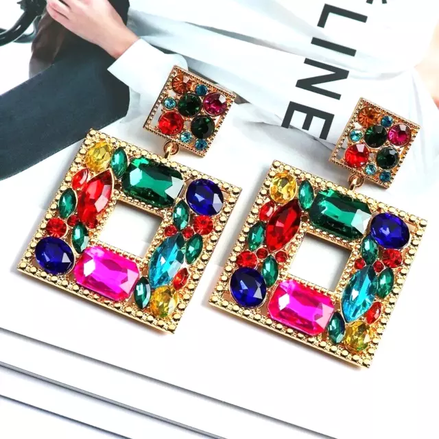 Large Square Crystal Earrings Gold Dangle Drop Diamante Big Bling Multi Coloured