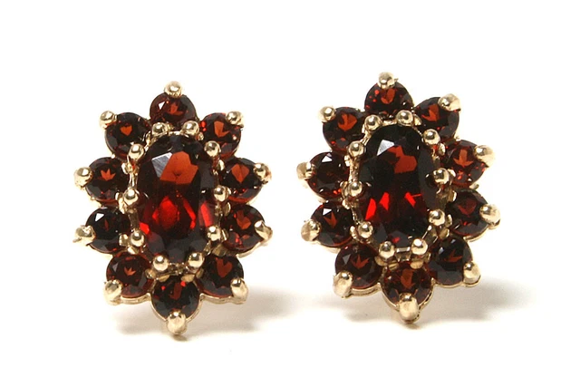 9ct Gold Garnet Studs cluster Oval earrings Gift Boxed Made in UK Birthday Gift