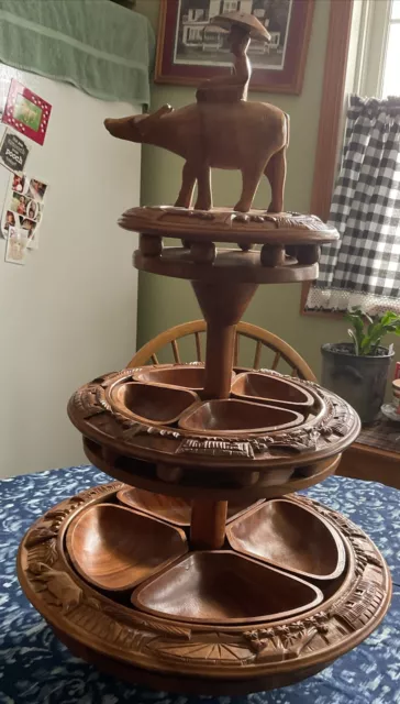 Vintage 70's Hand Carved Monkey Pod Water Buffalo 3 Tier Lazy Susan Wooden Teak