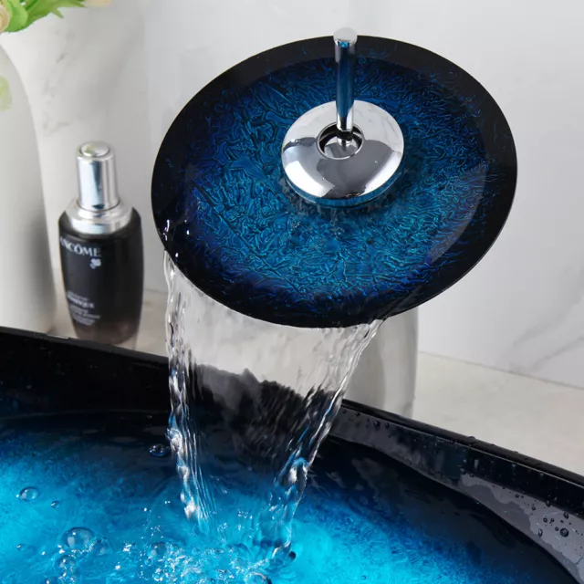 Blue Bathroom Tempered Glass Basin Waterfall mixer Faucet Deck Mount No sink