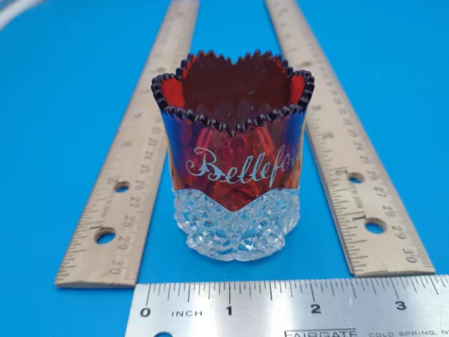 Antique SOUVENIR Ruby Red Flash Etched Vtg Glass 'Bellefontaine' OH. 2" #1083