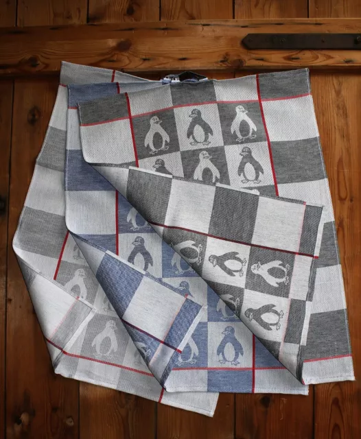 Kracht  Geschirr-Küchen-Trockentuch "Pinguine" Jacquard Halbleinen Grau Blau Rot