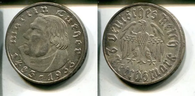 DRITTES REICH 1933 E - 2 Reichsmark in Silber, vz/st - MARTIN LUTHER -Erhaltung!