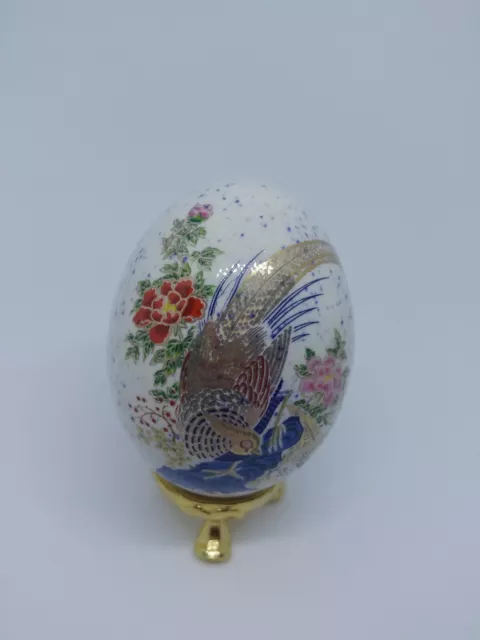Vintage Speckled Ceramic Egg  Floral with Peacock?  2.5" Hollow with Gold Stand