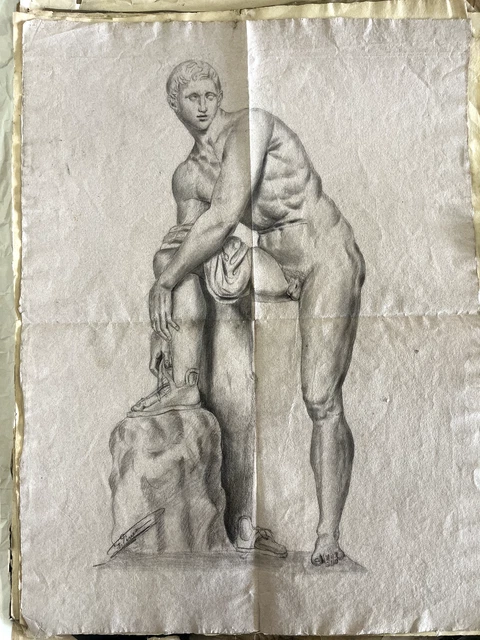 Étude De Nu Masculin Du 19ème Siècle - Dessin Académique Beaux-Arts Originale Boîte