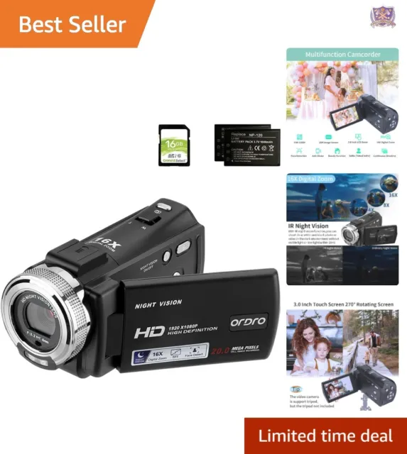 Compact HDV-V12 Camcorder - 1080P Night Vision - 16G SD Card - 2 Batteries