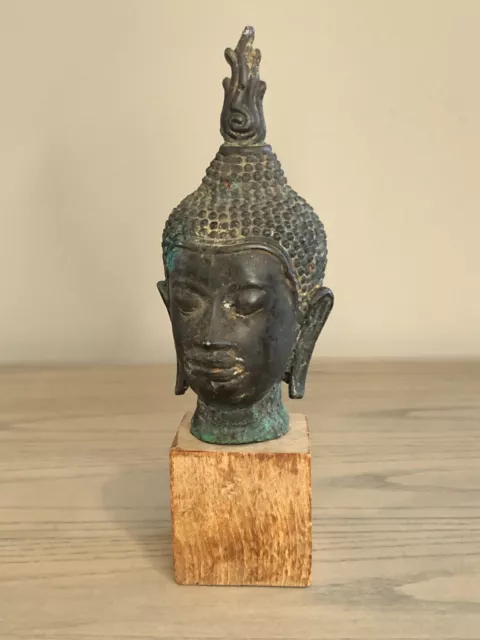 Sukhothai Bronze Buddha Head, East Asian Thai, 8-1/2 tall with Wood Block Stand
