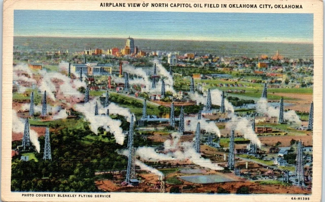 c1940s Linen Postcard Oklahoma City North Capitol Oil Field Aerial Airplane View