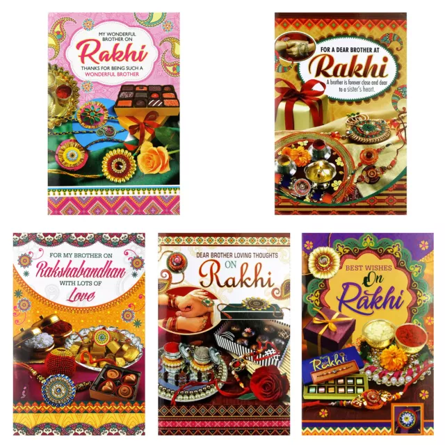 5 x Rakhi Card Raksha Bandhan Greeting Cards Hindu Indian Festival FREE Rakhi
