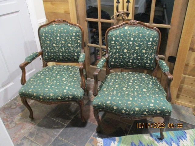 Vintage Pair Of Carved Walnut French Provincial Louis Xv Bergere Chairs-Vg Cond.