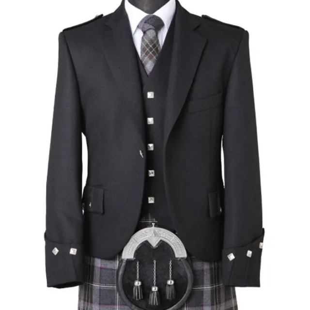 Men's Black Argyle Kilt Jacket With Vest Men's 100% Wool Wedding Kilt Jacket.