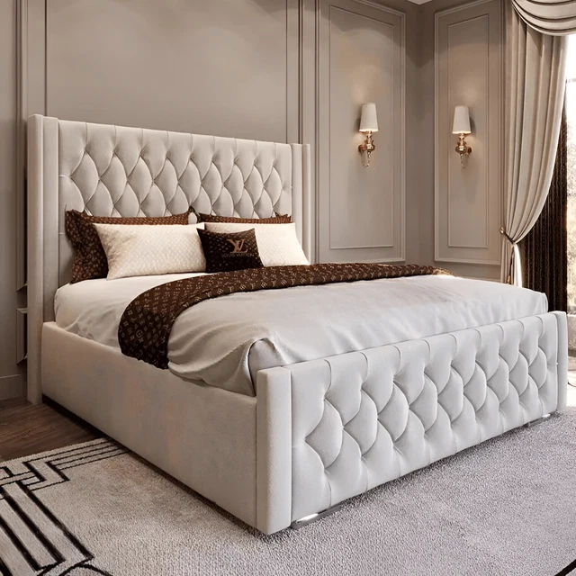 WINGED BED FRAME Chesterfield Plush Velvet Upholstered Ottoman Gas Lift ...