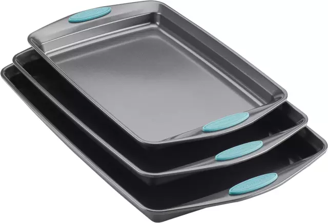 Bakeware Nonstick Cookie Pan Set, 3-Piece, Gray with Agave Blue Grips