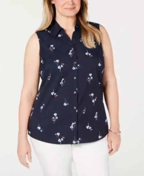 MSRP $60 Charter Club Plus Size Button-Up Sleeveless Top Blue Size 16W
