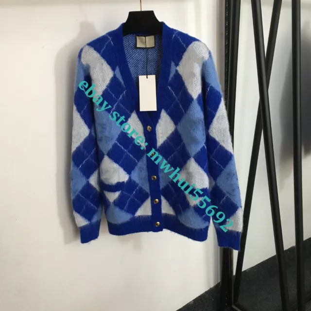 Contrast plaid V-neck long sleeved mohair knitted cardigan blue SML