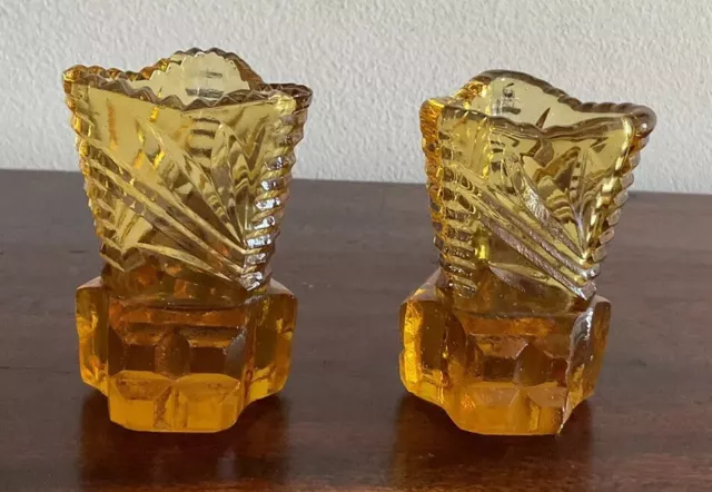 Gorgeous Pair Art Deco Amber Glass Depression Thistle Vases