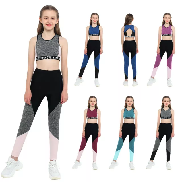 Kids Girls Sports Suit Gym Workout Outfits Sleeveless Crop Top Long Pants Set