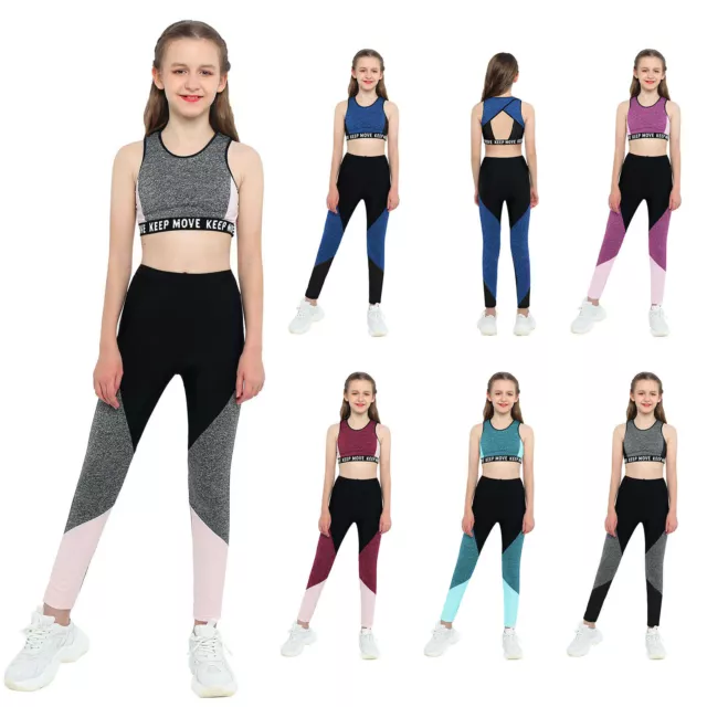 Kids Girls Tracksuits Outfit Sports Top+Pants Set Workout Running Yoga Costume