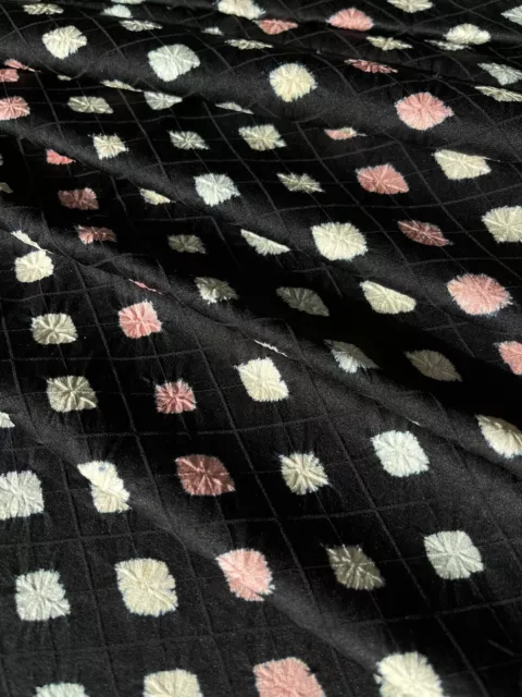 Vintage Japanese Kimono Fabric Piece - 100% Silk - Black with Shibori Diamonds