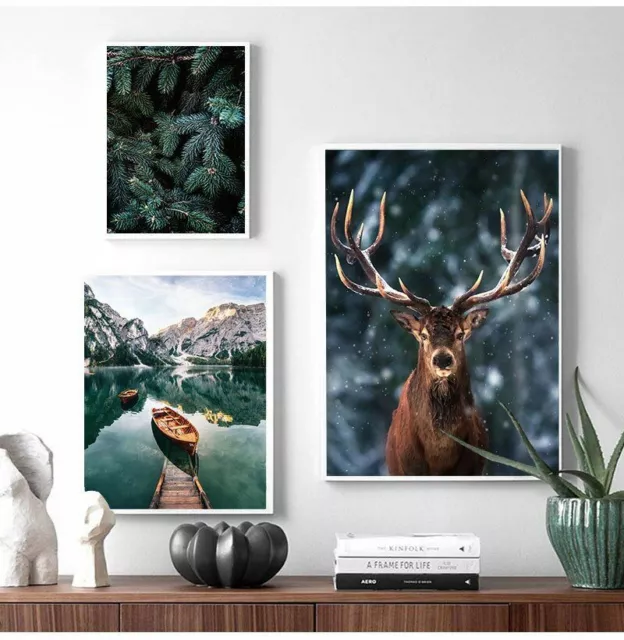 Mountain Lake Fog Forest Deer Wall Poster Nature Nordic Print Picture Home Decor