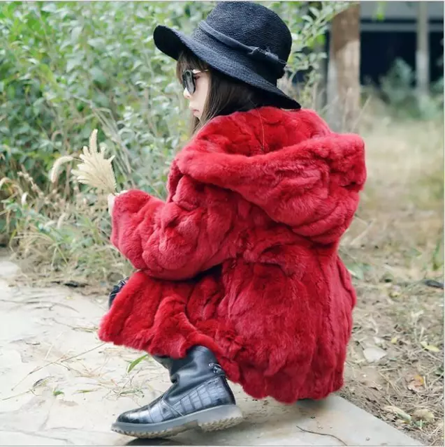 Cute Rabbit Fur Coat Toddlers Kids Girls rex rabbit fur Warm Hooded Outwear