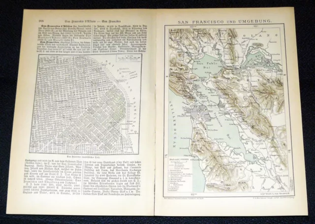 SAN FRANCISCO Stadtplan & Stadtumgebungsplan Lithographie & Stich von 1895 ORIGI