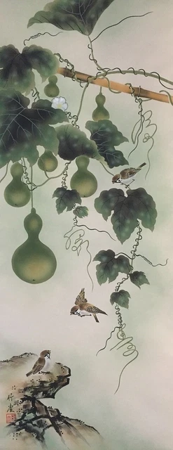 G0920 Japonés Vintage Colgante Rollo Kakejiku Mano Pintura Seda Calabaza Sparrow