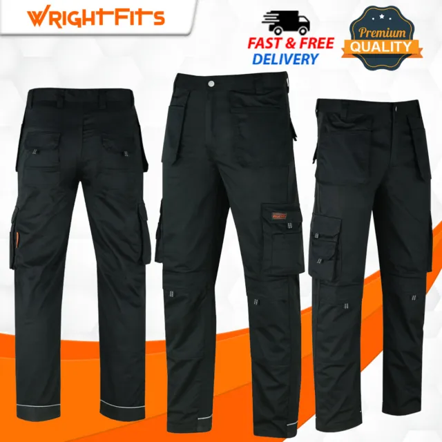 Black Mens Cargo Combat Work Trousers Heavy Duty Multi & knee Pad Pockets - PRE