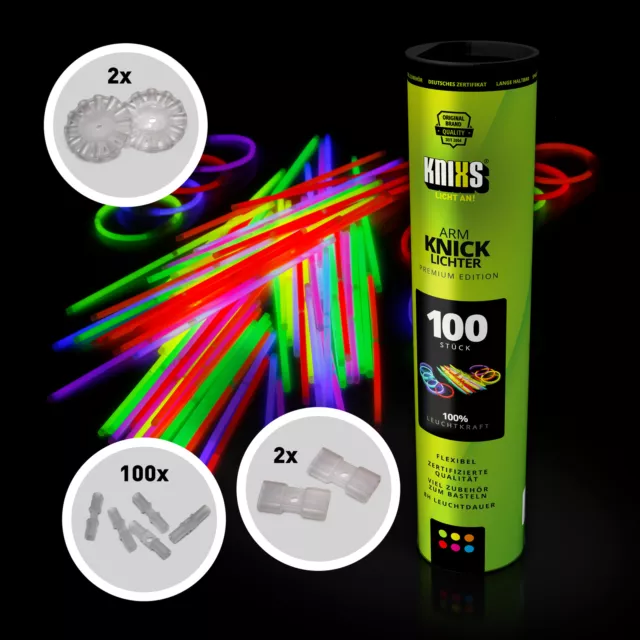 Arm-Knicklichter - 100er Rolle - Premium 6-Farbmix, inkl. 100 3D-Verbinder